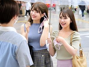 【素人ナンパ】「触っても全然いいですよ//」チェリーおちんちんをフェラする女子大生！美脚コンビが3P！